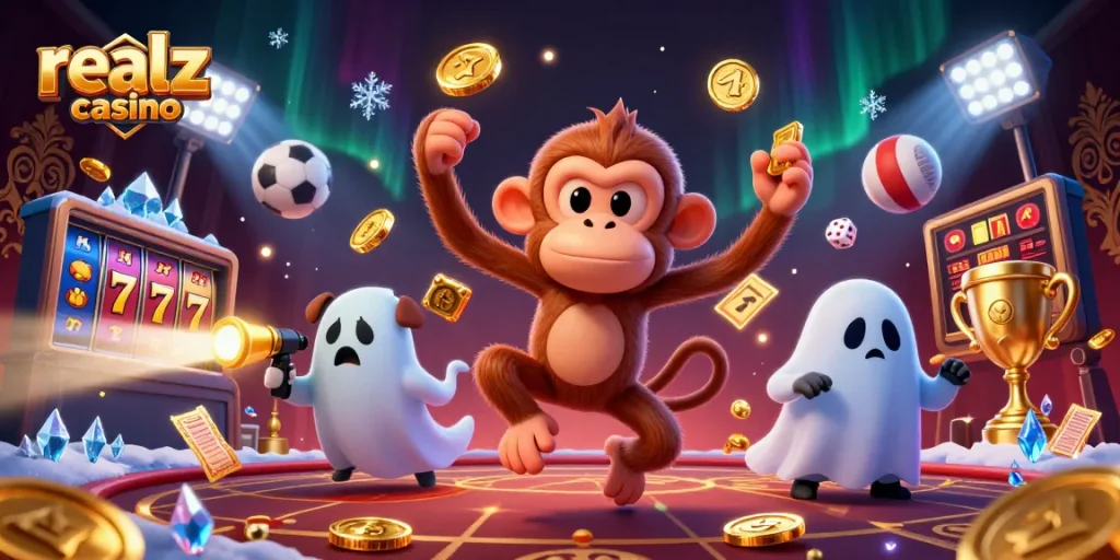 Engage in thrilling play at realz casino with a ghostly monkey and a curious puppy.