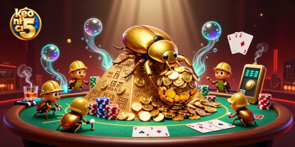 Engage with keo nha cai 5 as a golden dung beetle rolls coins in a lively casino scene.