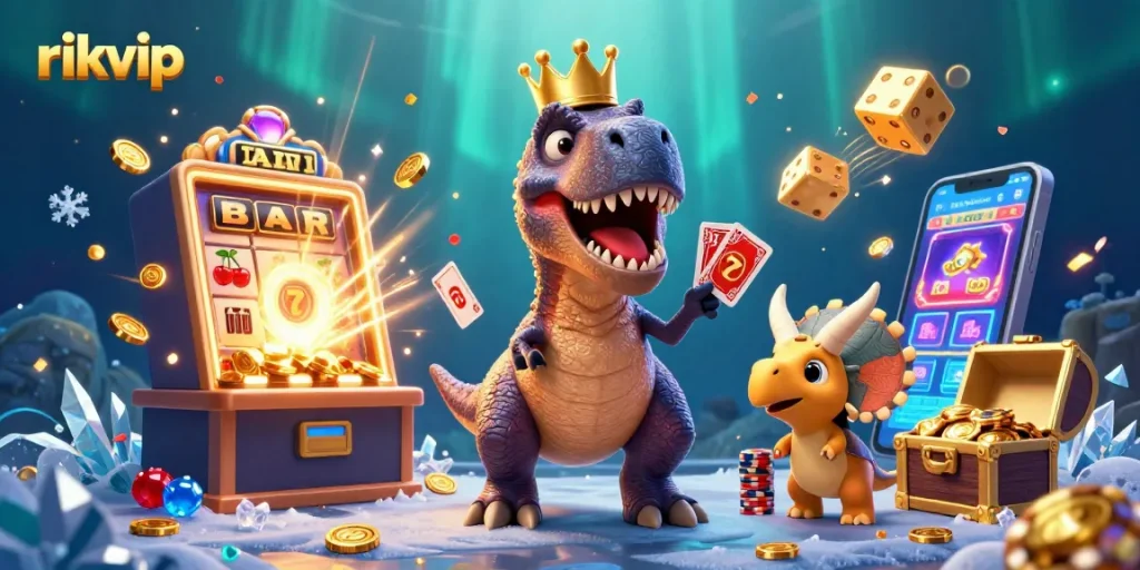 Experience the excitement of rikvip with friendly T-Rex and fun gaming elements in a vibrant casino scene.