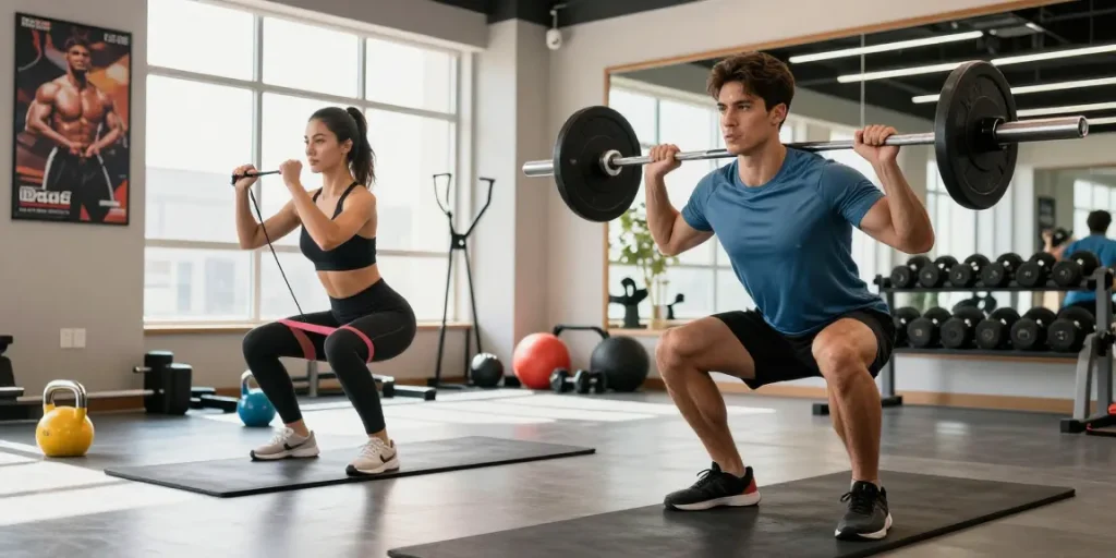 Deus Medical Produkte in einem modernen Fitnessstudio mit aktiven Athleten.