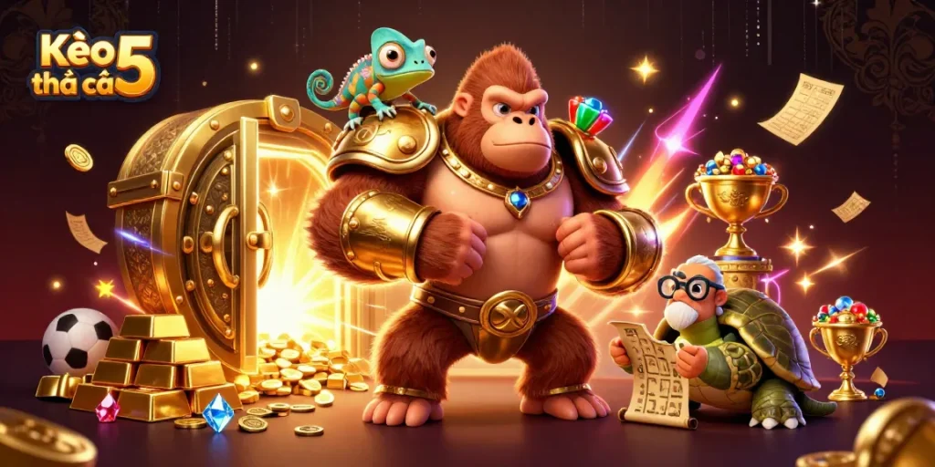 Kèo nhà cái 5 showcases a vibrant illustration with a gambling gorilla king, chameleon, and tortoise among sports elements.