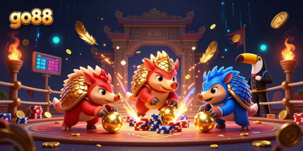 Engage with go88's thrilling casino spirit through a vibrant pangolin showdown amid poker chips and golden confetti.