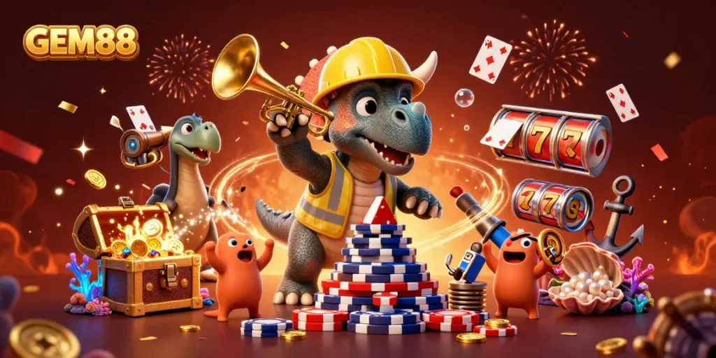 Engage with GEM88's vibrant casino scene featuring animated dinosaurs and slot machines.