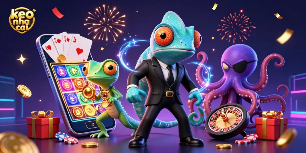 Experience keo nha cai with a dynamic 3D casino scene featuring a chameleon, gecko, and octopus.
