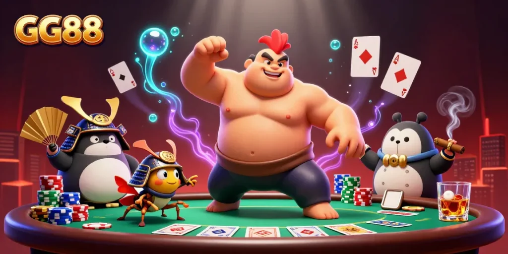 Experience GG88's vibrant gaming scene with summoning spirits and poker action.