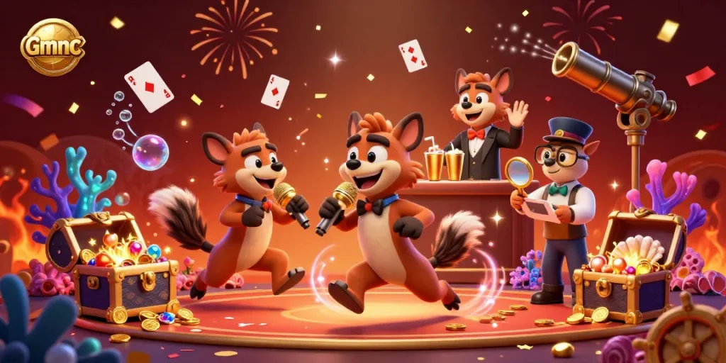 Engage with Gmnc in a vibrant comedy casino scene featuring hyenas as comedians and bartenders.