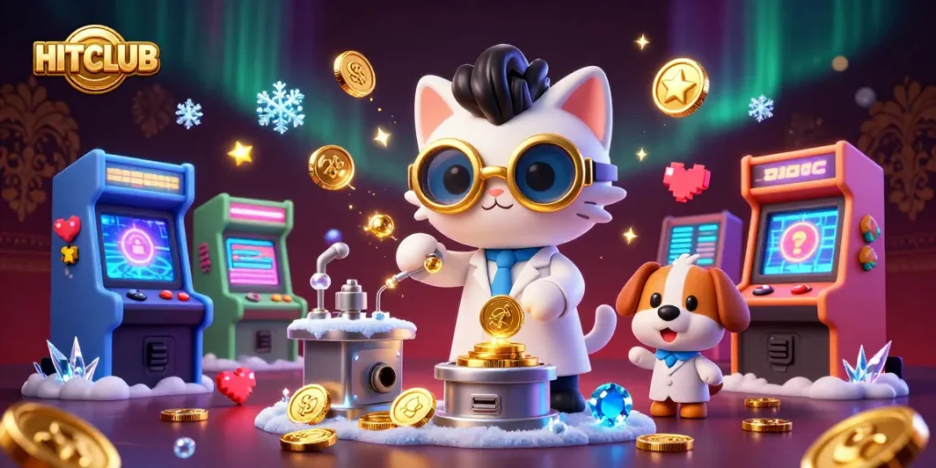 Bet big and win with HITCLUB in this vibrant casino-themed 3D illustration featuring mad scientist and pup.