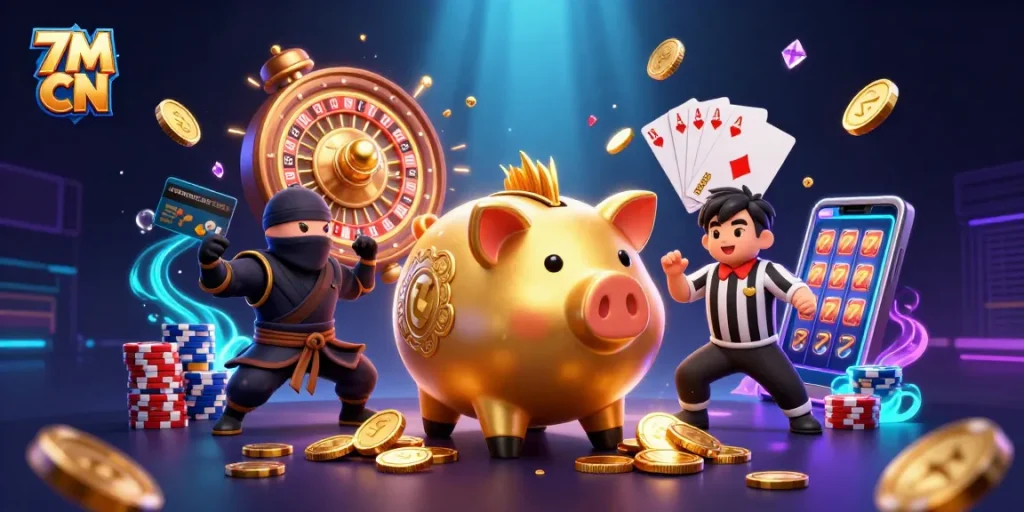 Win big with 7M CN as the golden piggy bank sumo wrestler triumphs amid the vibrant casino action.