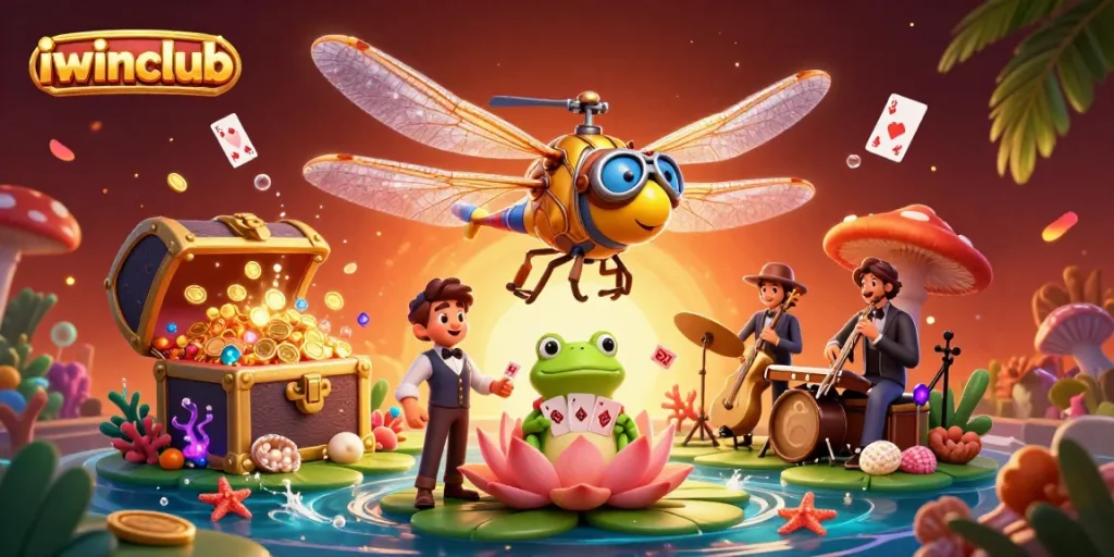 Join the excitement of iwinclub with vibrant casino imagery featuring a frog croupier and lively musicians.