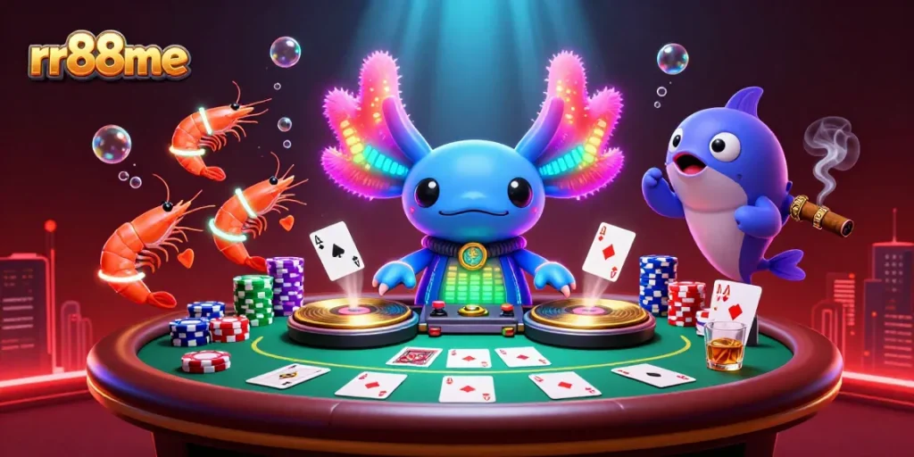 Join the lively rr88me gaming scene with neon characters and vibrant casino elements in an underwater party.