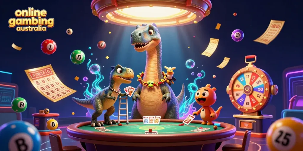 Engage with online gambling Australia in a colorful casino scene featuring a giant brontosaurus and raptor dealer.