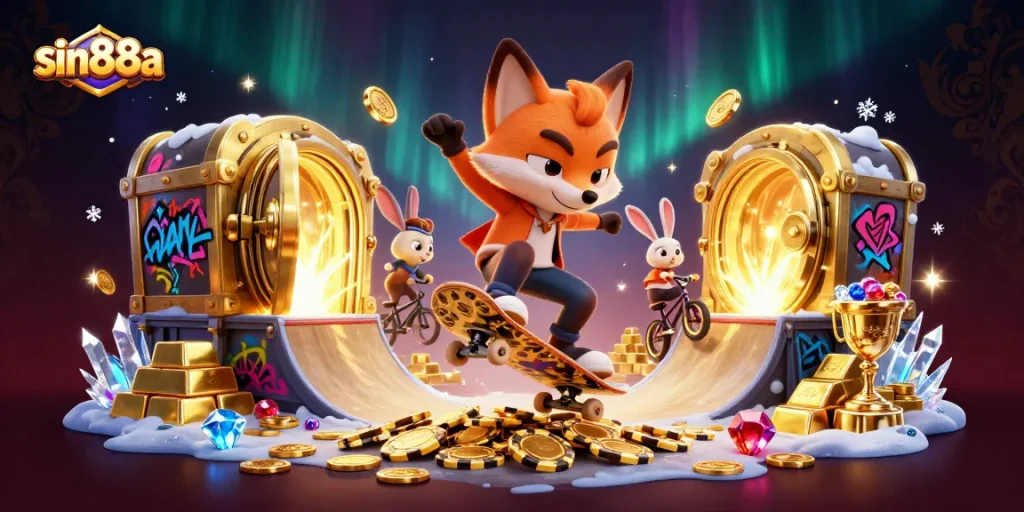 Engage with sin88a's thrilling gaming experience featuring skateboard fox and BMX rabbit in a vibrant casino scene.