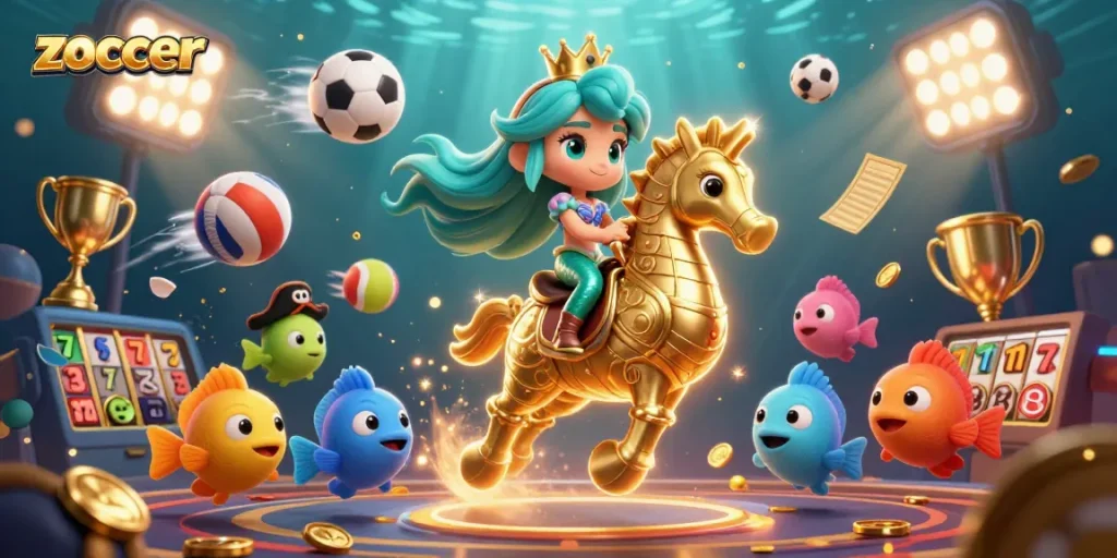 Engage in the vibrant world of zoccer with a colorful casino scene featuring a mermaid, seahorse, and sports elements.