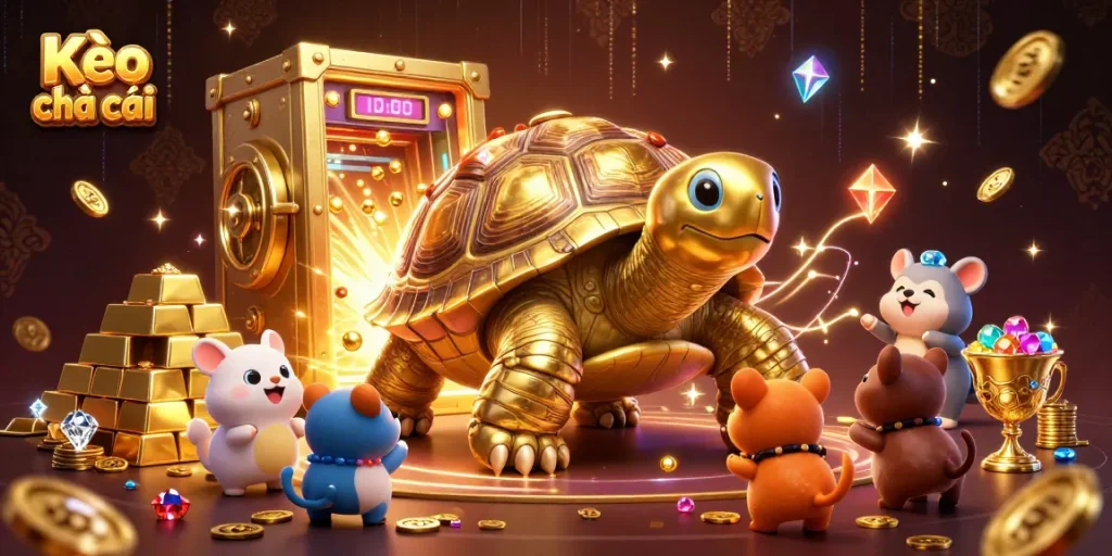 Kèo nhà cái offers thrilling sports betting action with vibrant casino elements and a captivating tortoise design.