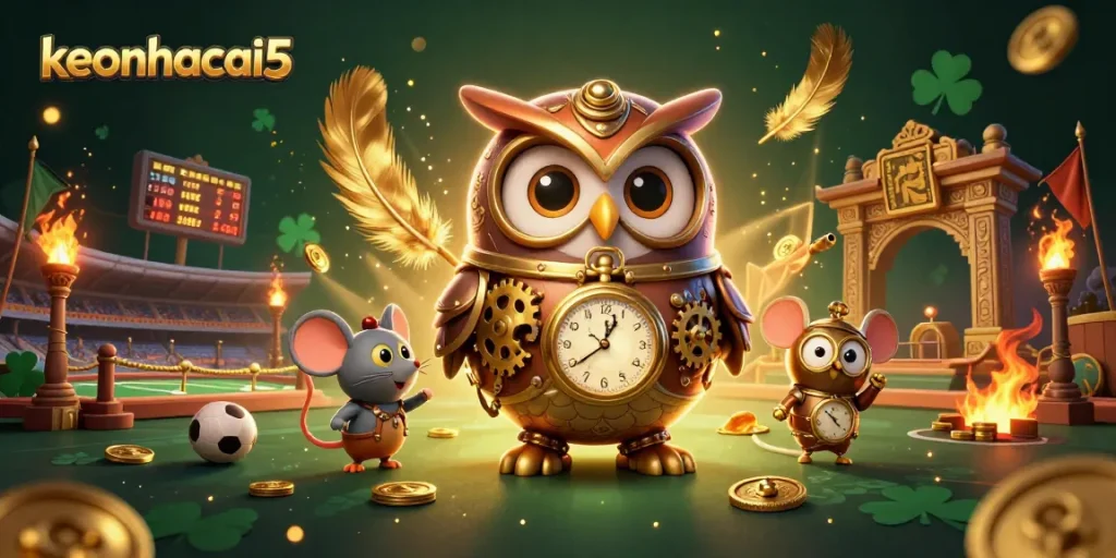 Engage with keonhacai5 in this vibrant sports betting scene featuring a steampunk owl and dynamic elements.