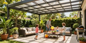 Terrassenüberdachung aus Aluminium bietet Schatten für Familienfeiern im Garten.