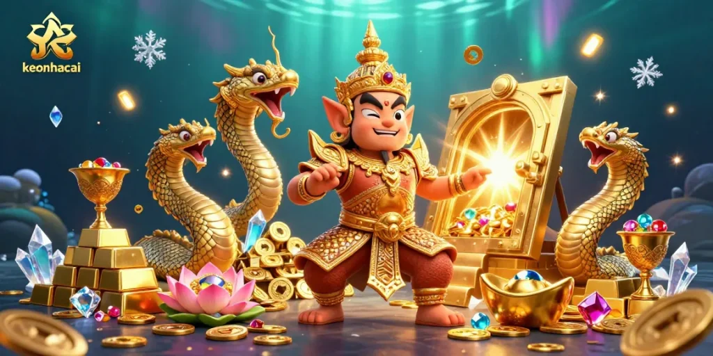Experience the excitement of keonhacai with golden treasures, dynamic action, and rich details in this vibrant 3D scene.