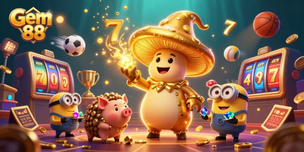 Spin to win big at Gem 88 with vibrant slots, golden trophies, and exciting casino action.